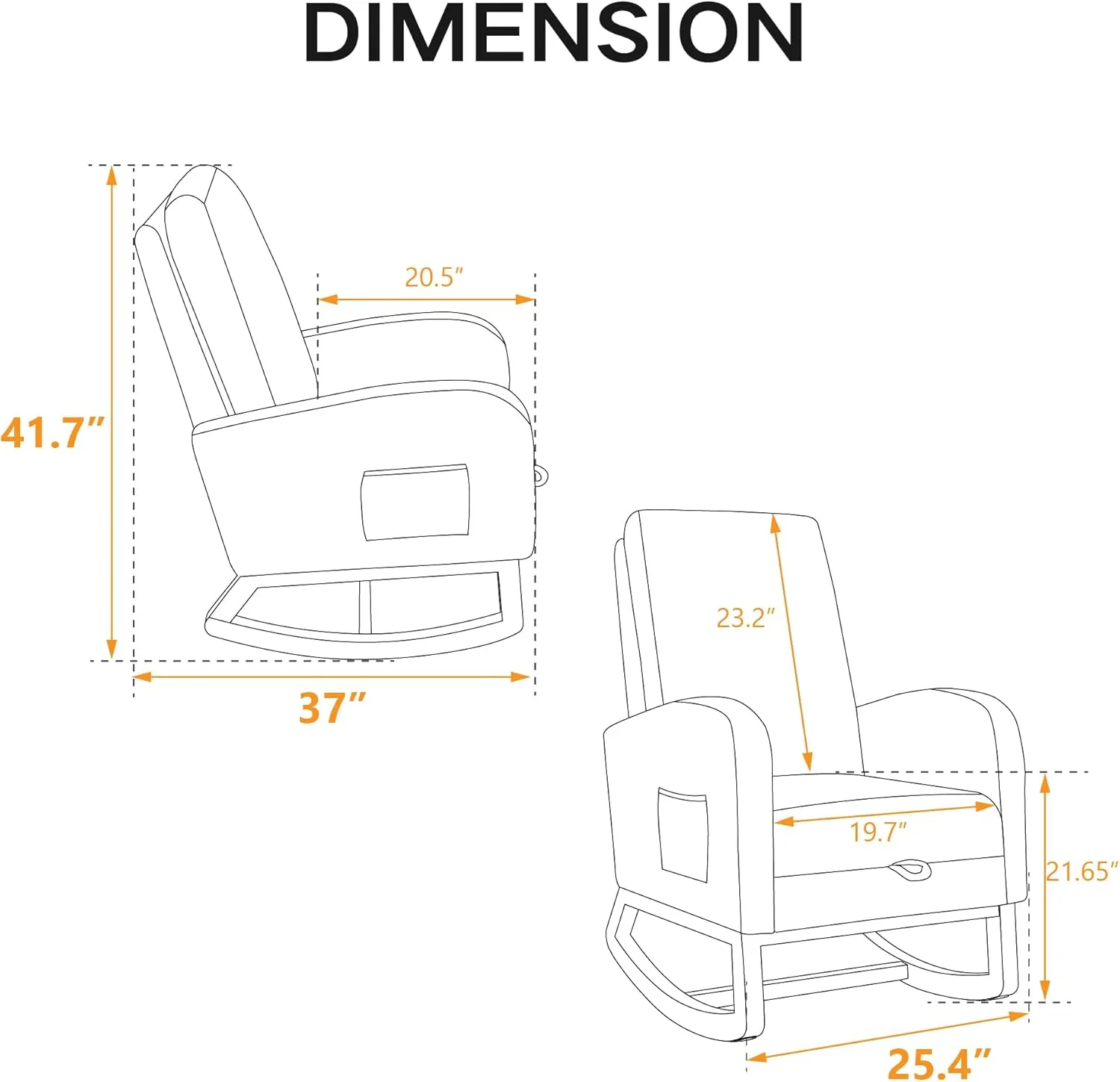 Rocking Chair Nursery, High Back Glider Chair with Retractable Foot Rest, Side Pocket, Rocking Accent Armchair with Rubber Wood Legs, for Indoor Living Room Bedroom.Caramel