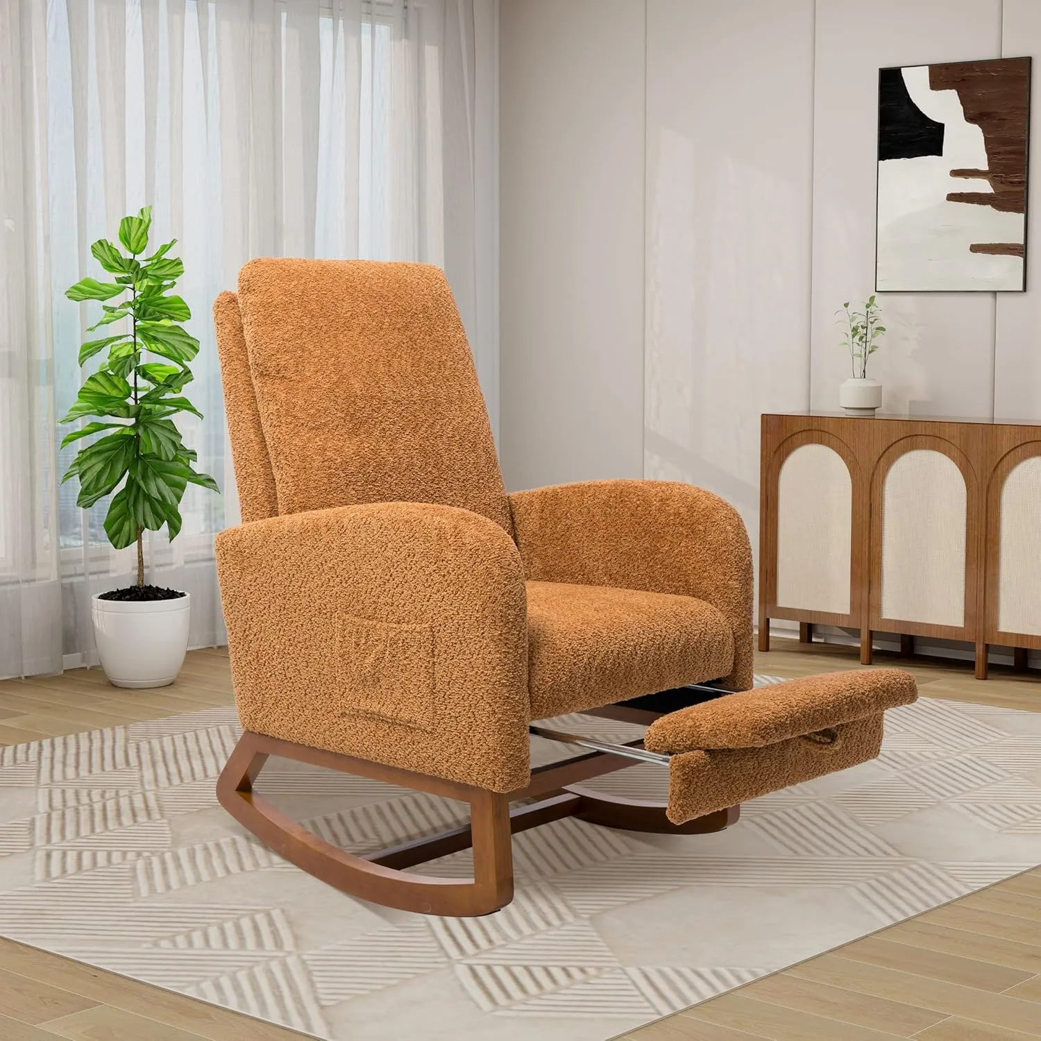 Rocking Chair Nursery, High Back Glider Chair with Retractable Foot Rest, Side Pocket, Rocking Accent Armchair with Rubber Wood Legs, for Indoor Living Room Bedroom.Caramel