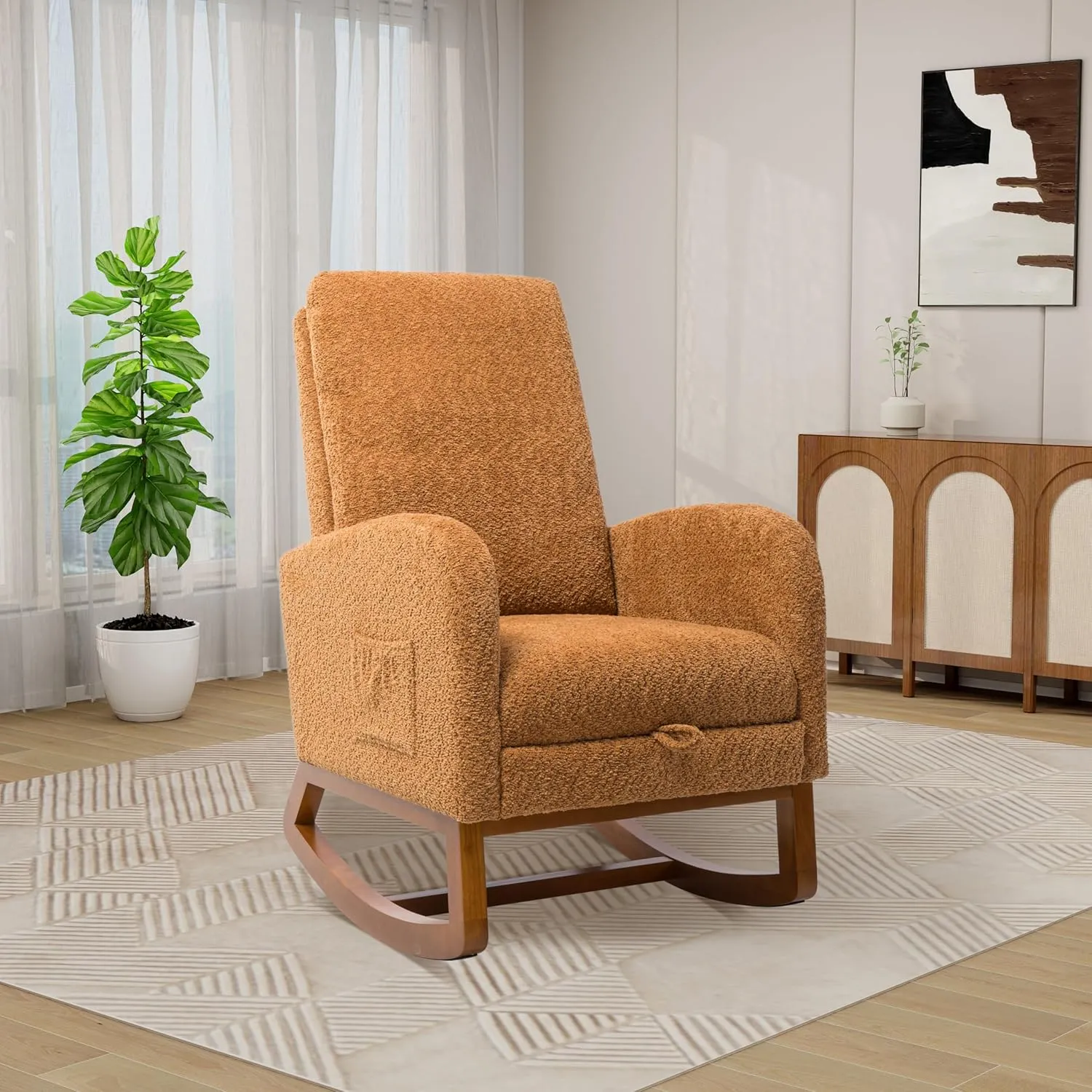 Rocking Chair Nursery, High Back Glider Chair with Retractable Foot Rest, Side Pocket, Rocking Accent Armchair with Rubber Wood Legs, for Indoor Living Room Bedroom.Caramel