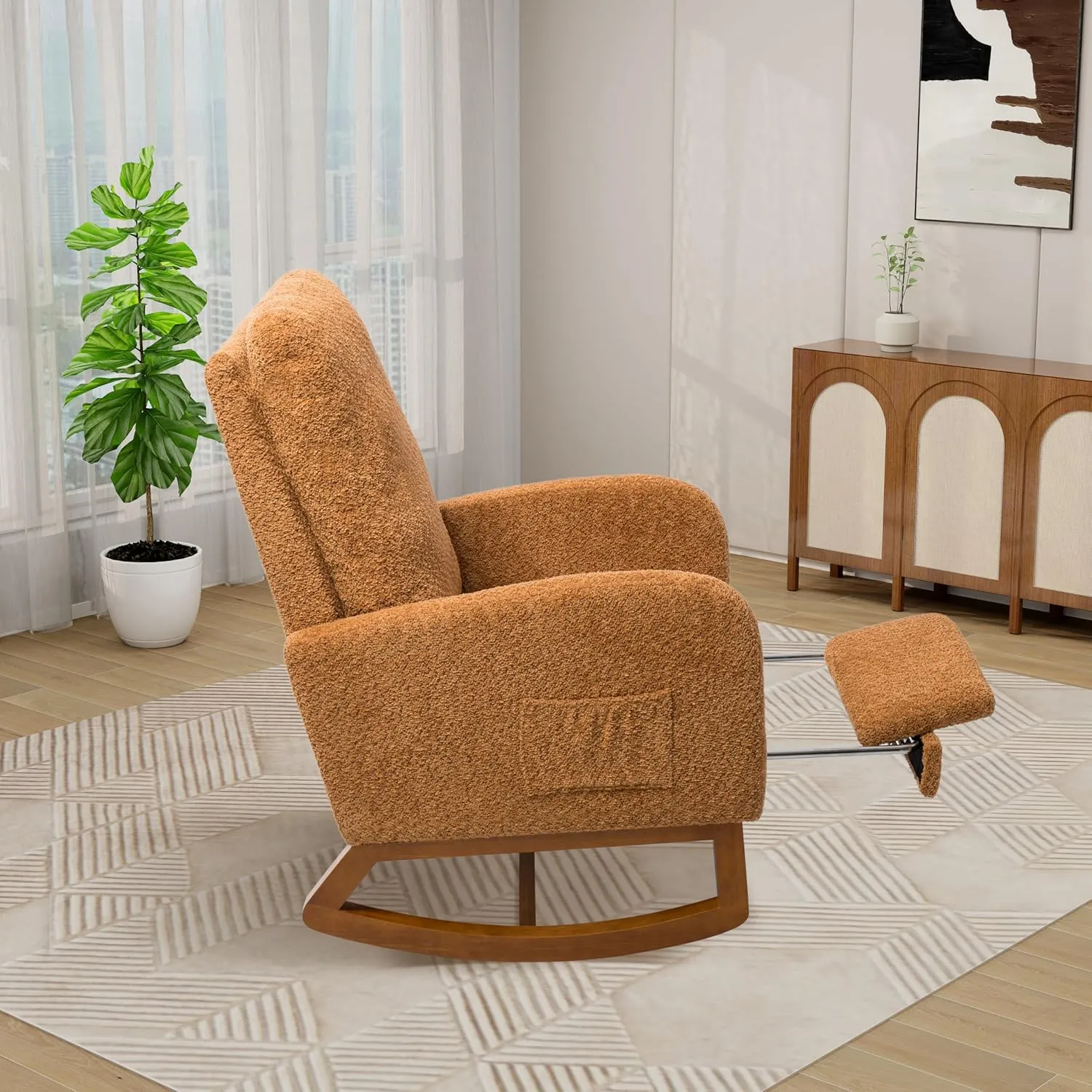 Rocking Chair Nursery, High Back Glider Chair with Retractable Foot Rest, Side Pocket, Rocking Accent Armchair with Rubber Wood Legs, for Indoor Living Room Bedroom.Caramel
