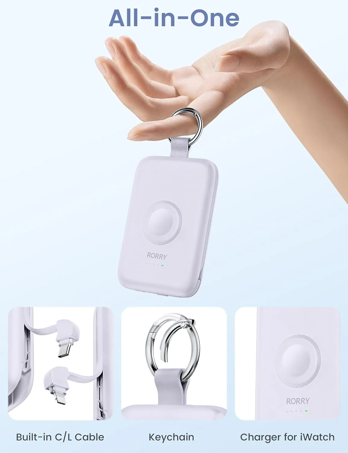 RORRY Portable Charger, 10000mAh PD 20W Fast Charging Portable Charger Power Bank with Built in Cables, Travel Battery Pack for iPhone 16/15/14/13/12 and Apple Watch Ultra/9/8/7/6/5/4/3/2, Purple