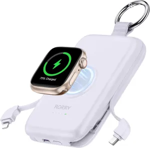 RORRY Portable Charger, 10000mAh PD 20W Fast Charging Portable Charger Power Bank with Built in Cables, Travel Battery Pack for iPhone 16/15/14/13/12 and Apple Watch Ultra/9/8/7/6/5/4/3/2, Purple