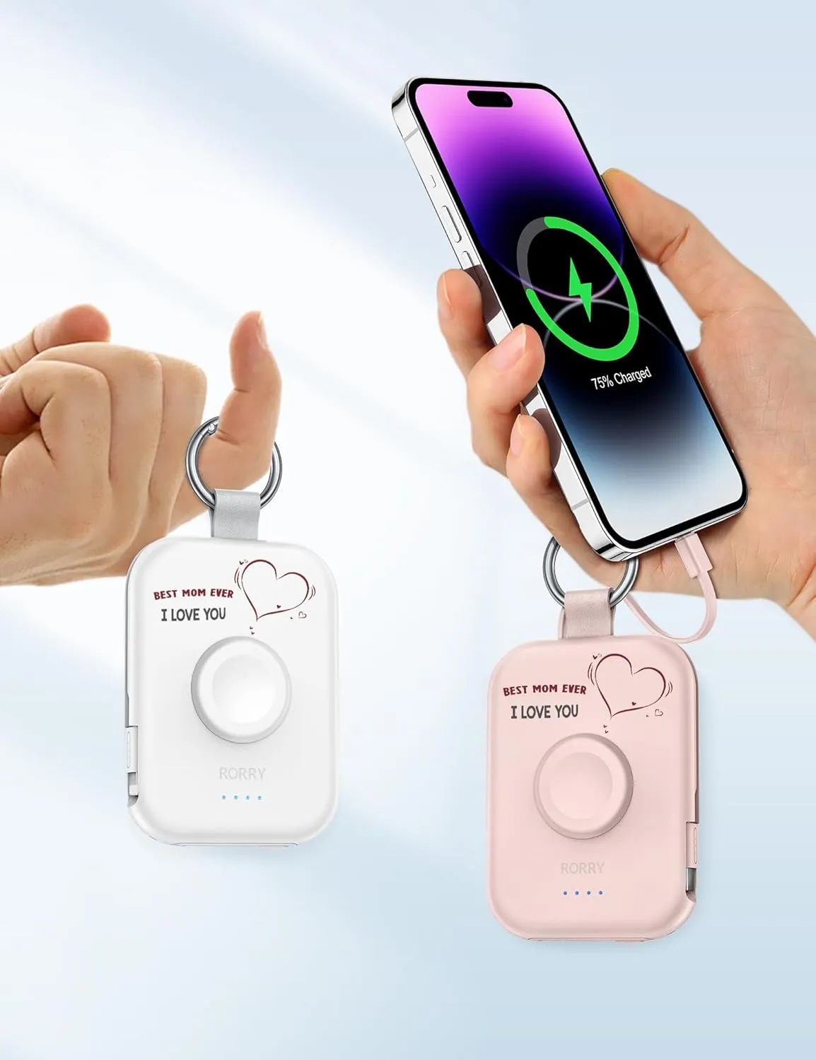 RORRY Portable Charger, 5000mAh Power Bank with Built-in Cables, Travel Keychain Battery Pack for Apple Watch Ultra 2/9/8/Ultra/7/6/SE/5, iPhone 16/15/14/13/12, Mom-White