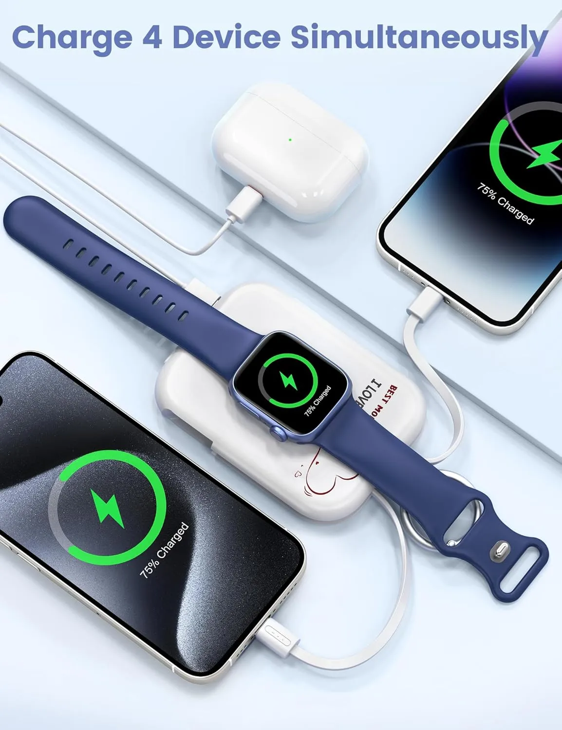 RORRY Portable Charger, 5000mAh Power Bank with Built-in Cables, Travel Keychain Battery Pack for Apple Watch Ultra 2/9/8/Ultra/7/6/SE/5, iPhone 16/15/14/13/12, Mom-White