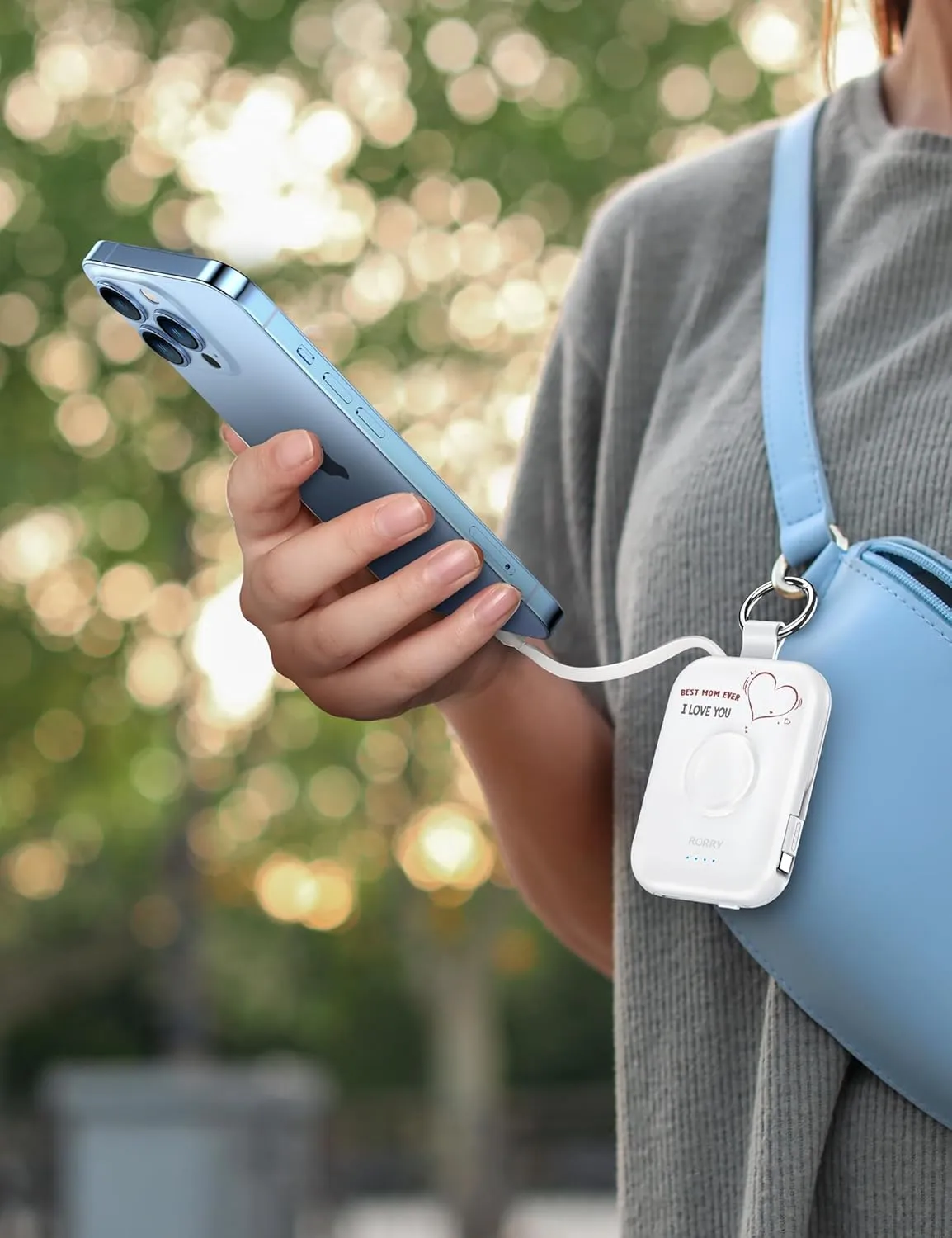 RORRY Portable Charger, 5000mAh Power Bank with Built-in Cables, Travel Keychain Battery Pack for Apple Watch Ultra 2/9/8/Ultra/7/6/SE/5, iPhone 16/15/14/13/12, Mom-White