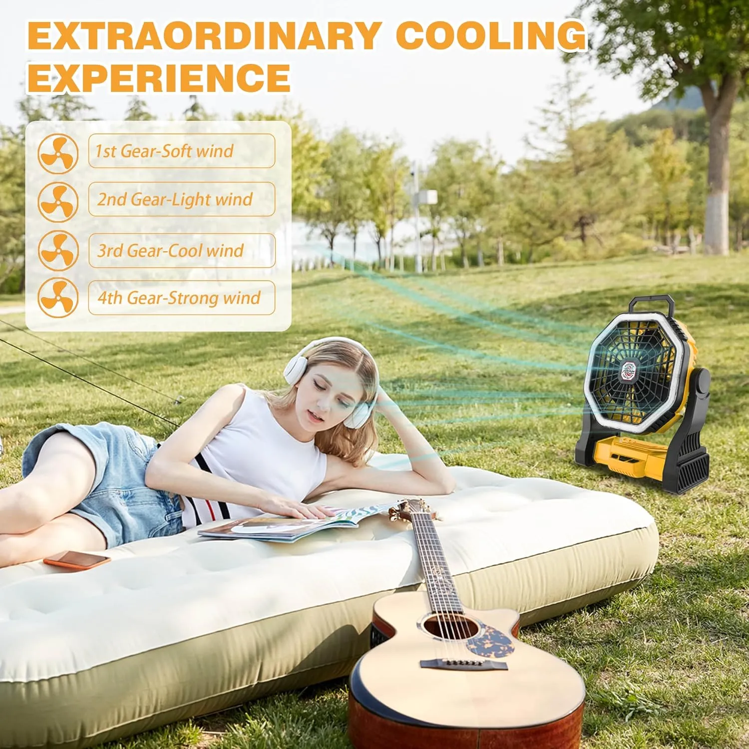 Roykaw Portable Camping Fan with 10400 mAh Rechargeable Battery, 36 Hrs Work, Ultra-bright LED Light & Cordless, Fit for Tent, Fishing, Bedroom, Office, Hurricane