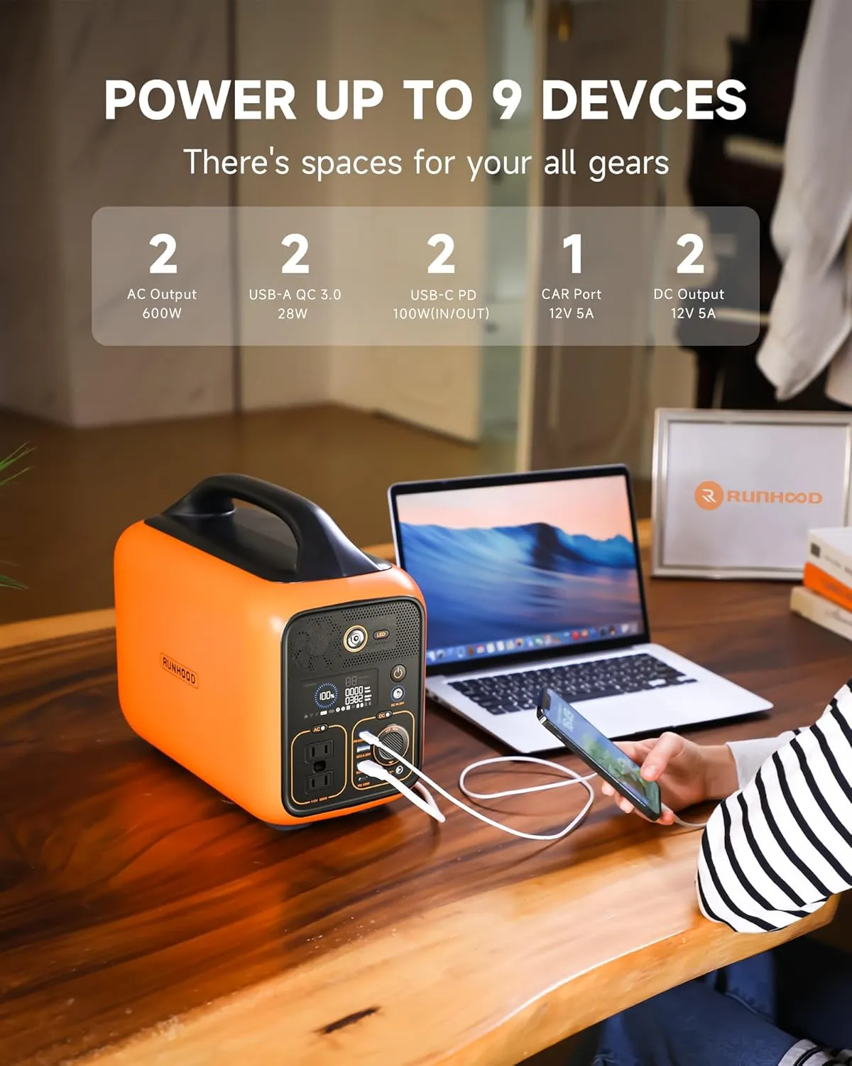 RUNHOOD Portable Power Station Rallye 600, 648Wh Hot Swappable&Replacebale Battery, Full Power in Seconds, 2X600W(Peak 1200) Pure Sine Wave AC Outlet Modular Solar Generator for Camping/RVs/Home Use