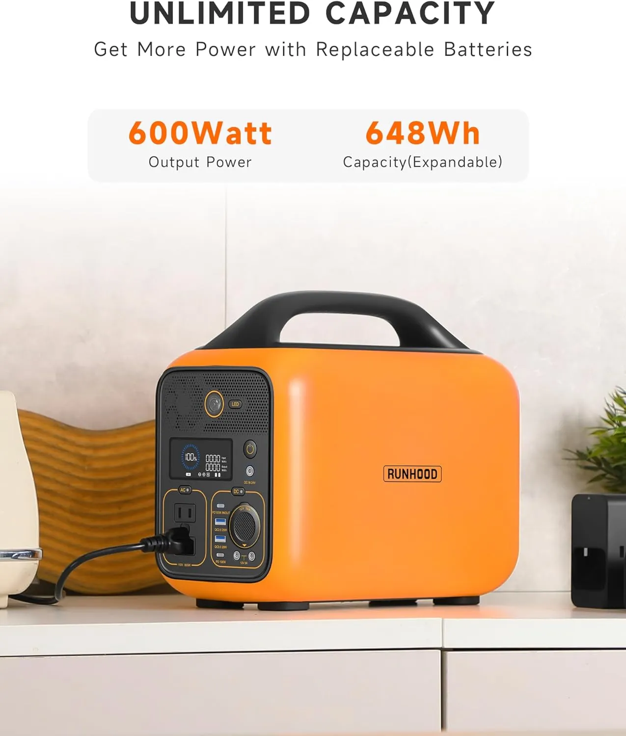 RUNHOOD Portable Power Station Rallye 600, 648Wh Hot Swappable&Replacebale Battery, Full Power in Seconds, 2X600W(Peak 1200) Pure Sine Wave AC Outlet Modular Solar Generator for Camping/RVs/Home Use