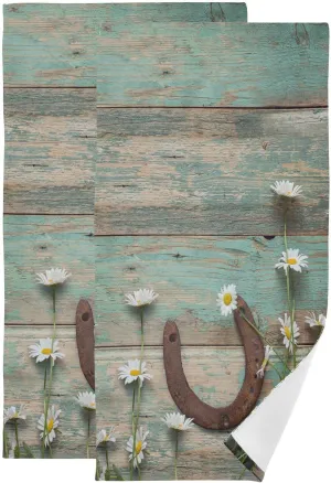 Rustic Rusty Horseshoe Hand Towels Set of 2 Soft White Daisy Flower Vintage Wooden Barn Door Plank Bath Fingertip Towels Decorative Hand Towels for Bathroom Guest Face Kitchen Towels 14"x28"