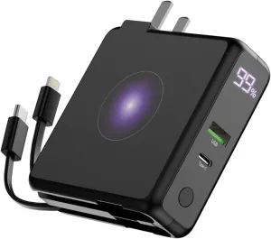 Sanag Portable Charger with AC Wall Plug & Built-In Cables,10000mAh USB C Power Bank with Wireless Charger,LED Display,4 Output 2 Input Power Pack Charging Compatible with Samsung iPhone Android Phone
