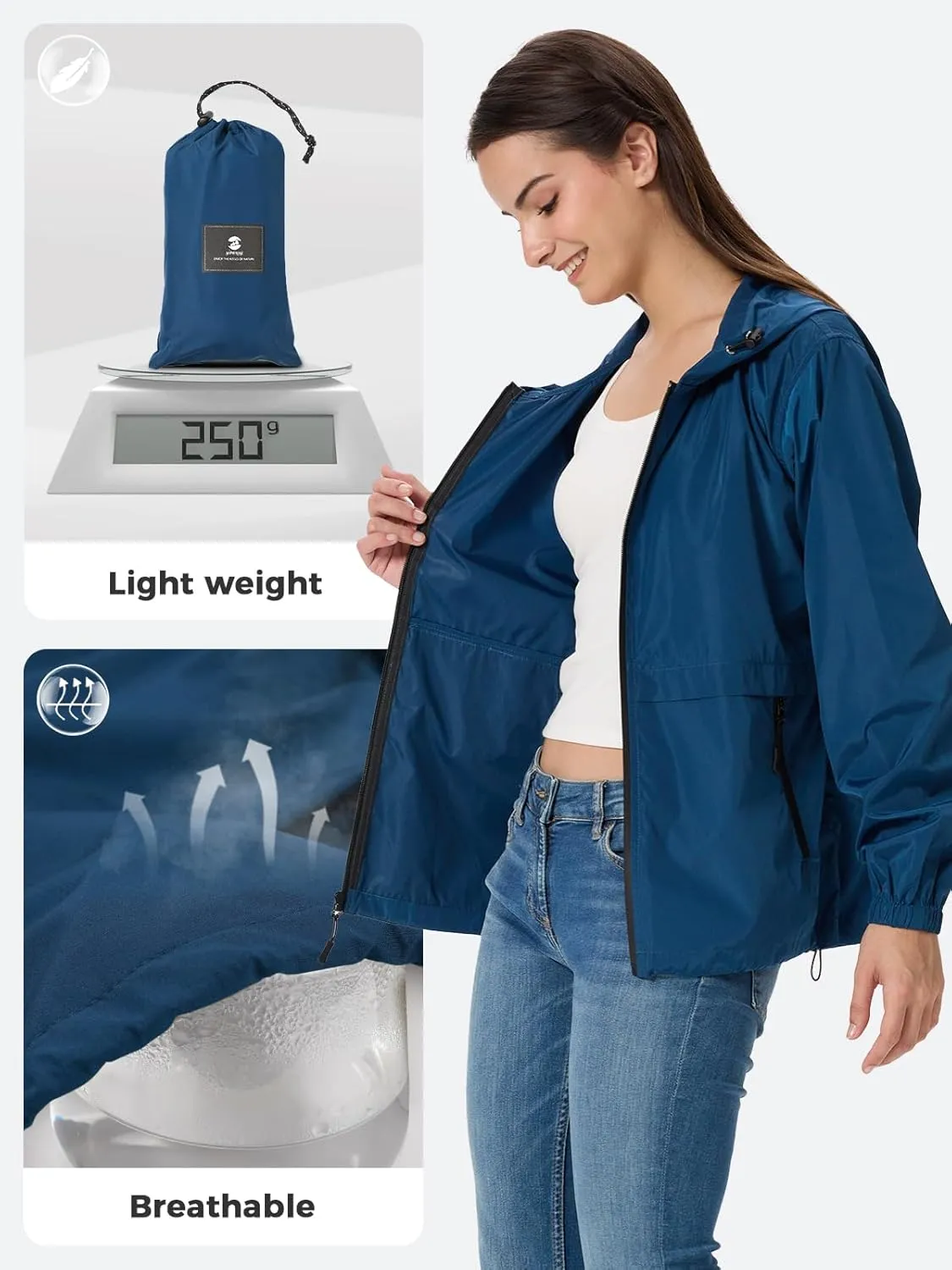SaphiRose Lightweight Rain Jacket Women Waterproof Breathable Raincoat Packable Hooded Windbreaker