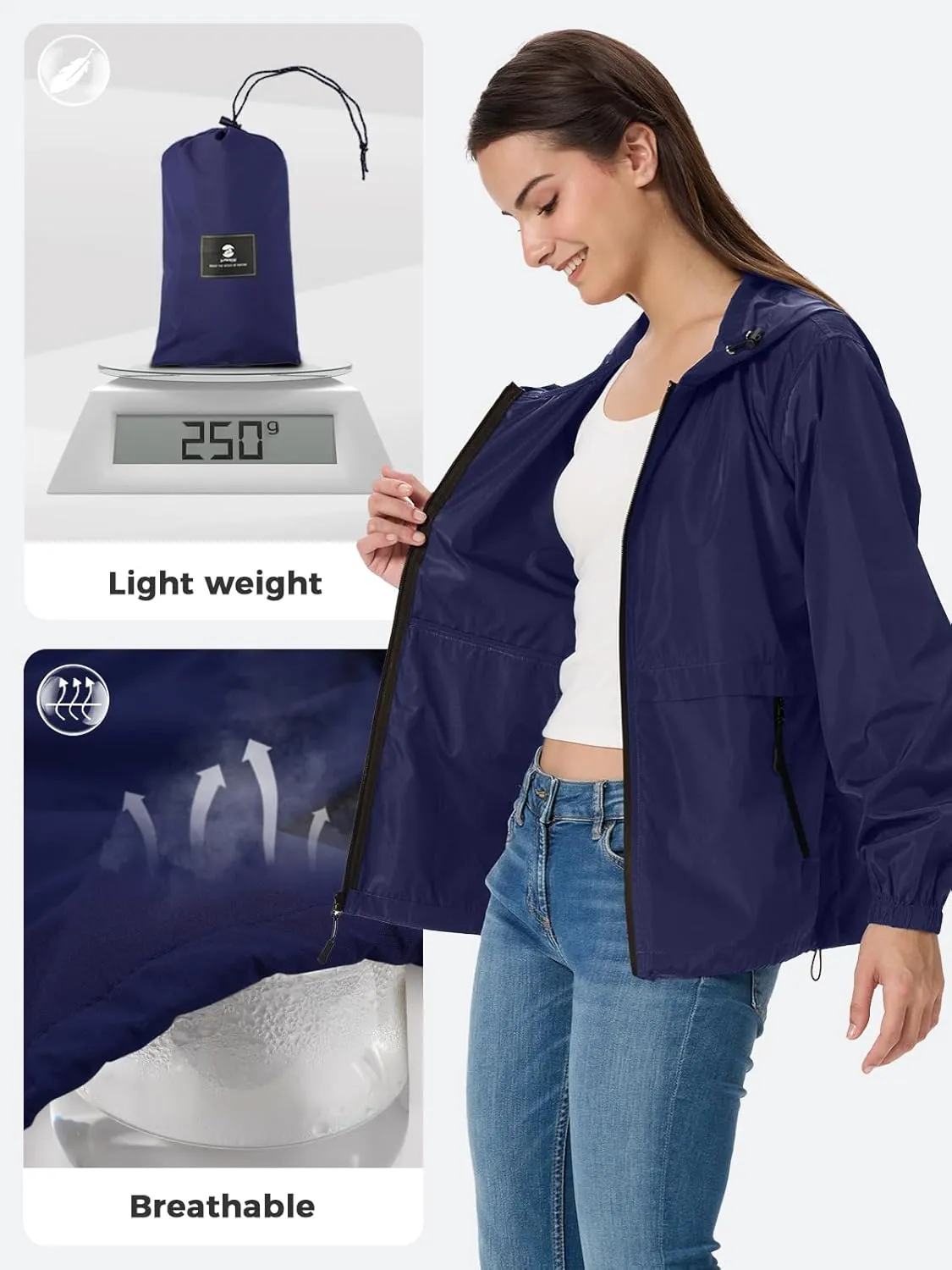 SaphiRose Lightweight Rain Jacket Women Waterproof Breathable Raincoat Packable Hooded Windbreaker