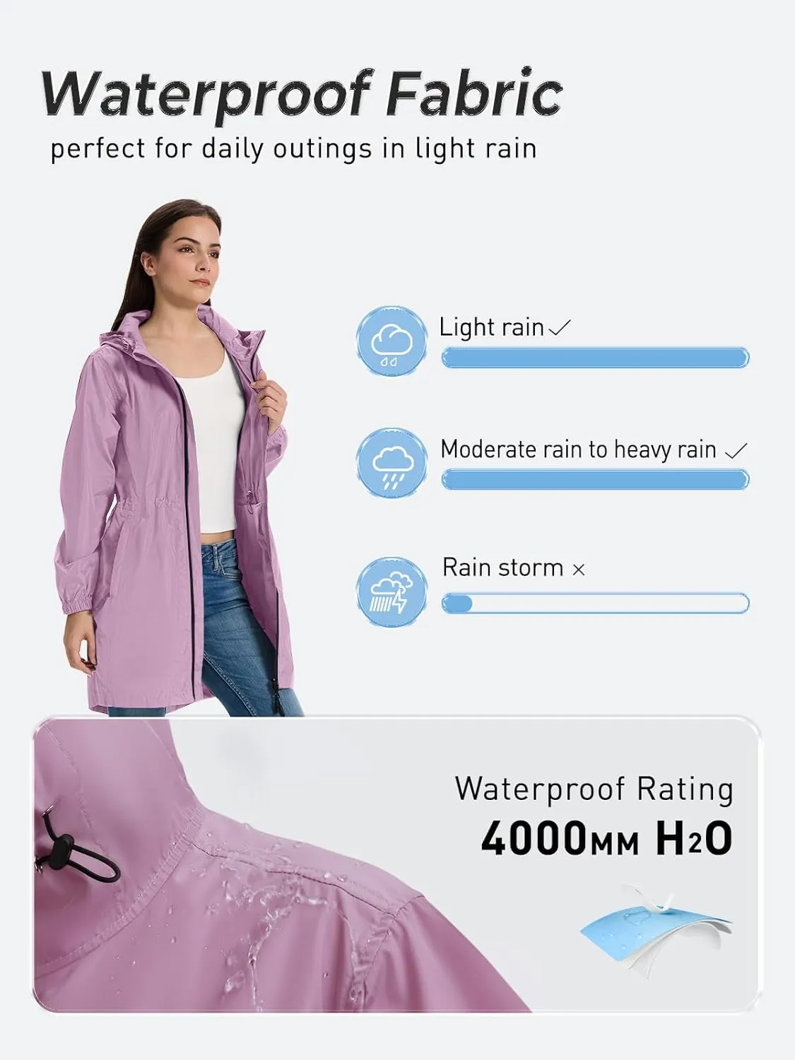 SaphiRose Women's Long Packable Raincoat Waterproof Rain Jacket Lightweight Outdoor Windbreaker with Hood