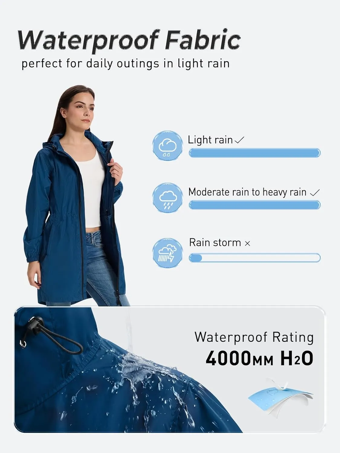 SaphiRose Women's Long Packable Raincoat Waterproof Rain Jacket Lightweight Outdoor Windbreaker with Hood