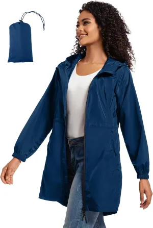 SaphiRose Women's Long Packable Raincoat Waterproof Rain Jacket Lightweight Outdoor Windbreaker with Hood