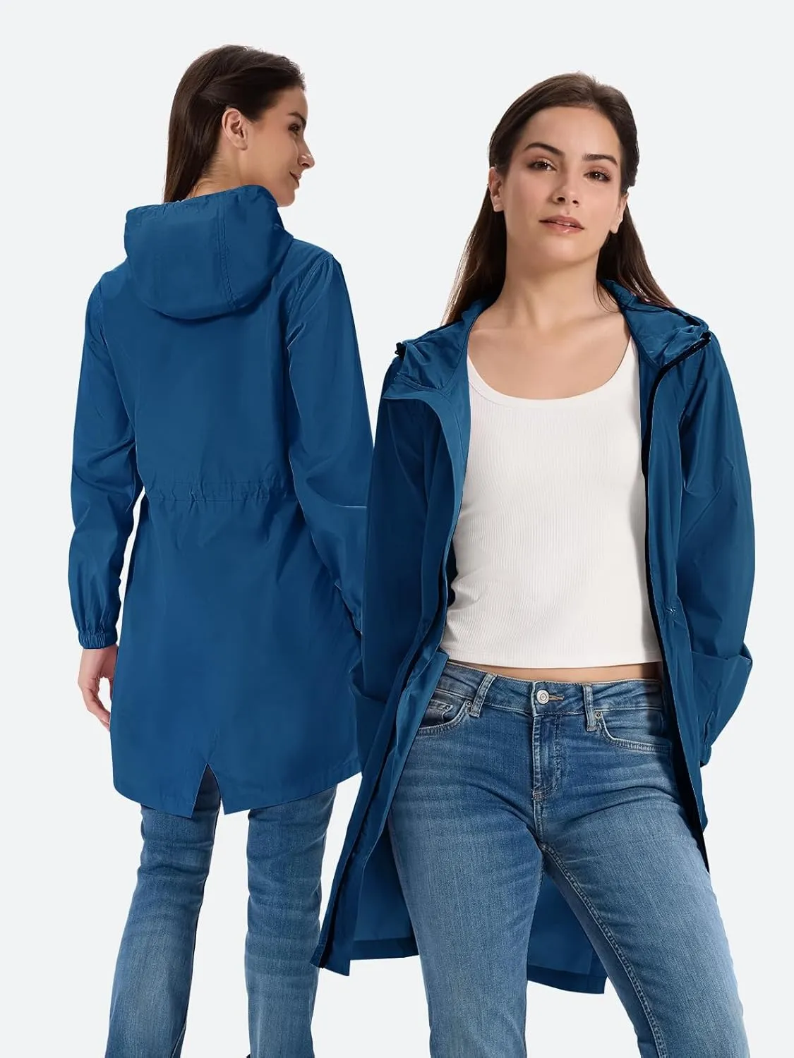 SaphiRose Women's Long Packable Raincoat Waterproof Rain Jacket Lightweight Outdoor Windbreaker with Hood
