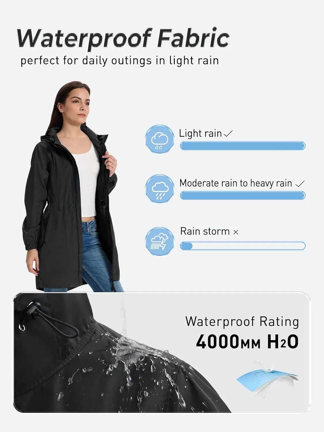 SaphiRose Women's Long Packable Raincoat Waterproof Rain Jacket Lightweight Outdoor Windbreaker with Hood
