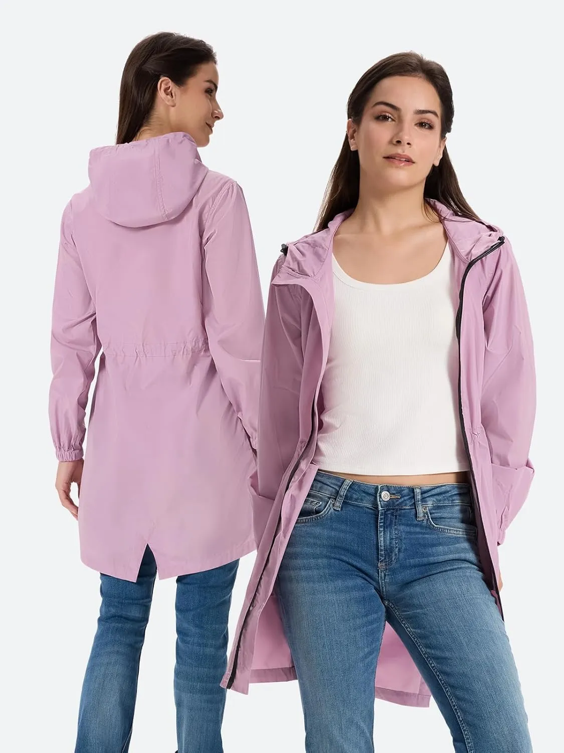 SaphiRose Women's Long Packable Raincoat Waterproof Rain Jacket Lightweight Outdoor Windbreaker with Hood
