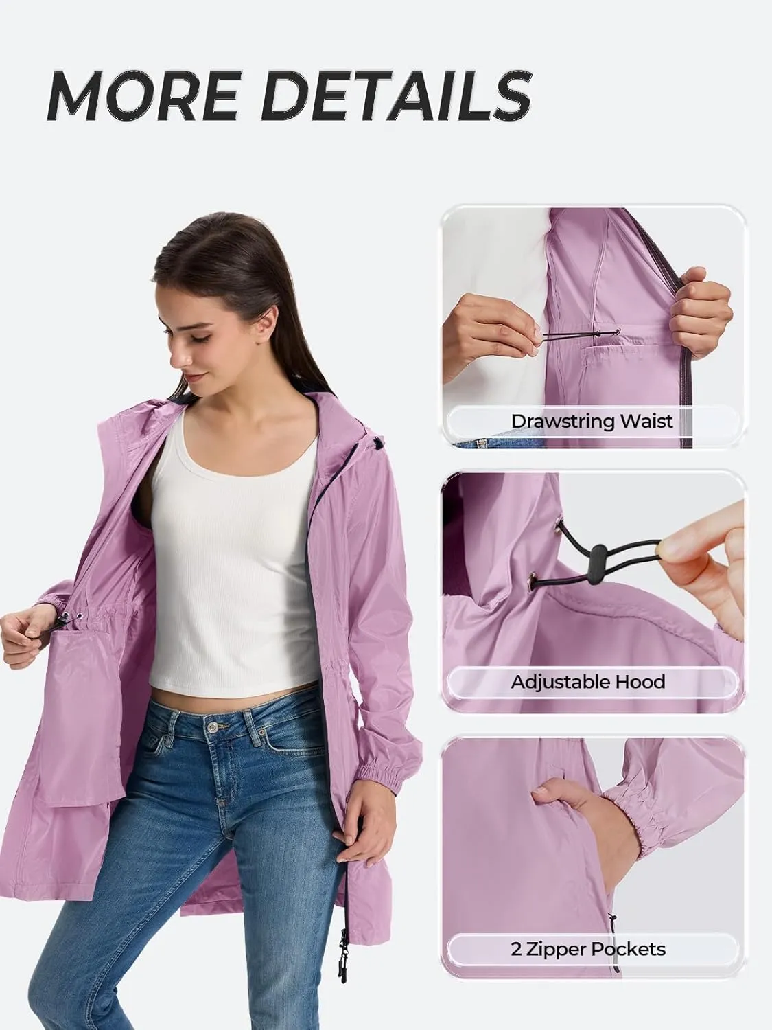 SaphiRose Women's Long Packable Raincoat Waterproof Rain Jacket Lightweight Outdoor Windbreaker with Hood