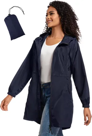 SaphiRose Women's Long Packable Raincoat Waterproof Rain Jacket Lightweight Outdoor Windbreaker with Hood
