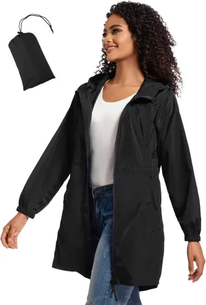 SaphiRose Women's Long Packable Raincoat Waterproof Rain Jacket Lightweight Outdoor Windbreaker with Hood