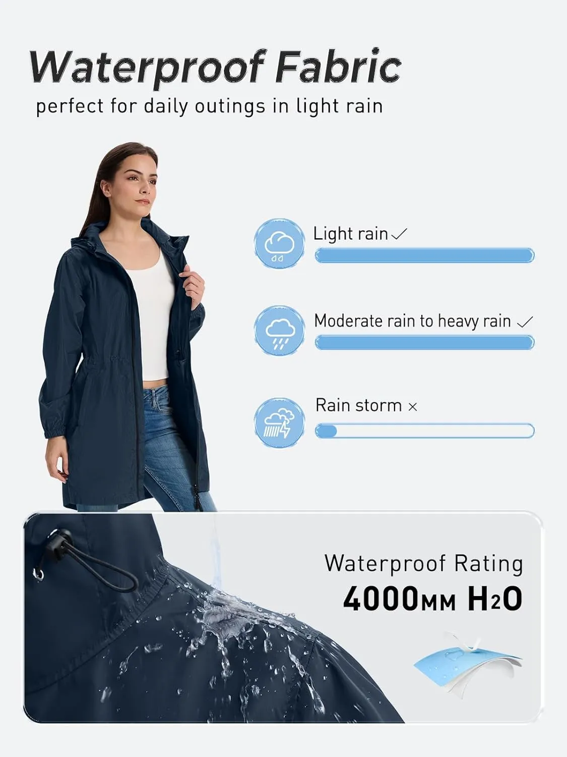 SaphiRose Women's Long Packable Raincoat Waterproof Rain Jacket Lightweight Outdoor Windbreaker with Hood