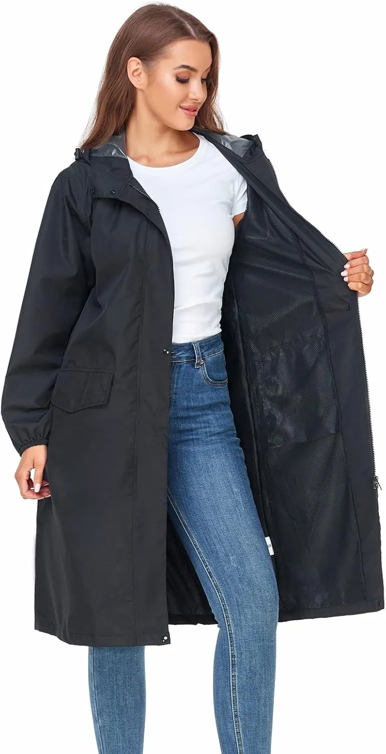 SaphiRose Women's Long Rain Jacket Waterproof Lightweight Hooded Raincoat Packable Knee Length Rain coat