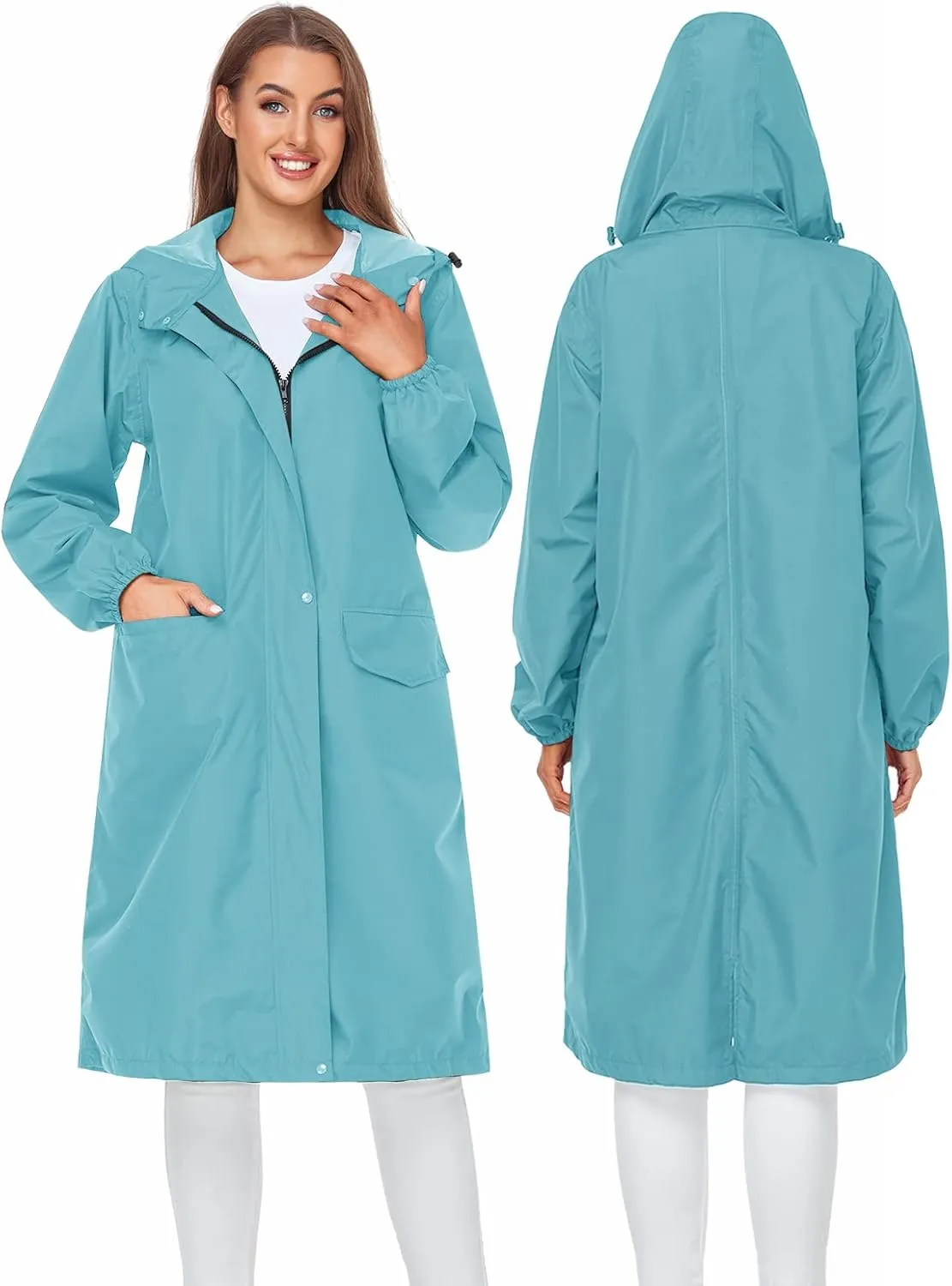 SaphiRose Women's Long Rain Jacket Waterproof Lightweight Hooded Raincoat Packable Knee Length Rain coat