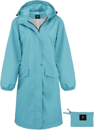 SaphiRose Women's Long Rain Jacket Waterproof Lightweight Hooded Raincoat Packable Knee Length Rain coat