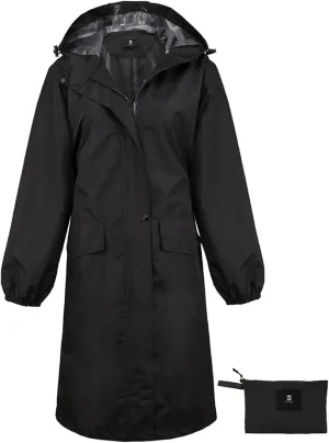 SaphiRose Women's Long Rain Jacket Waterproof Lightweight Hooded Raincoat Packable Knee Length Rain coat