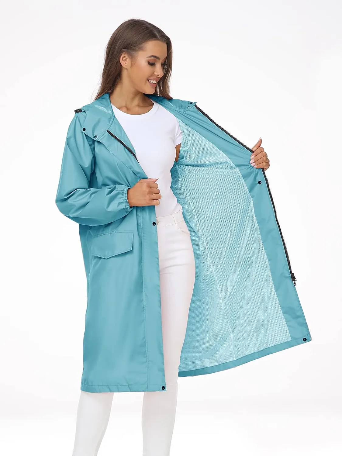 SaphiRose Women's Long Rain Jacket Waterproof Lightweight Hooded Raincoat Packable Knee Length Rain coat