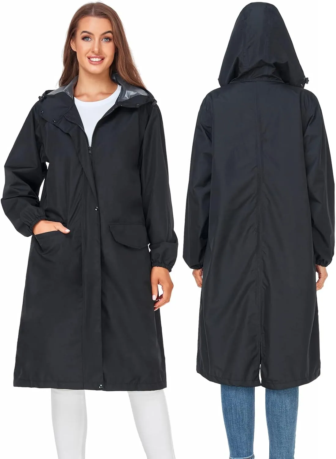 SaphiRose Women's Long Rain Jacket Waterproof Lightweight Hooded Raincoat Packable Knee Length Rain coat