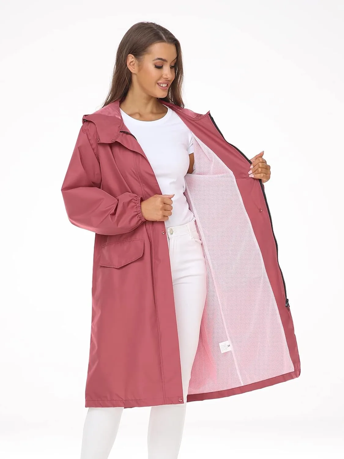 SaphiRose Women's Long Rain Jacket Waterproof Lightweight Hooded Raincoat