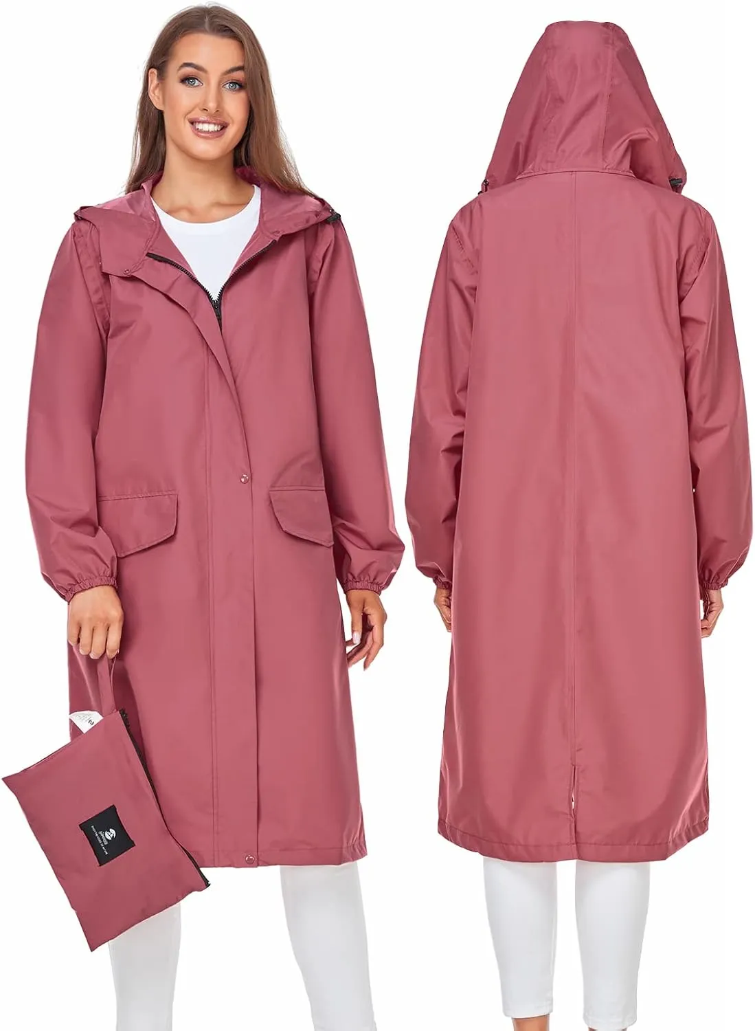 SaphiRose Women's Long Rain Jacket Waterproof Lightweight Hooded Raincoat