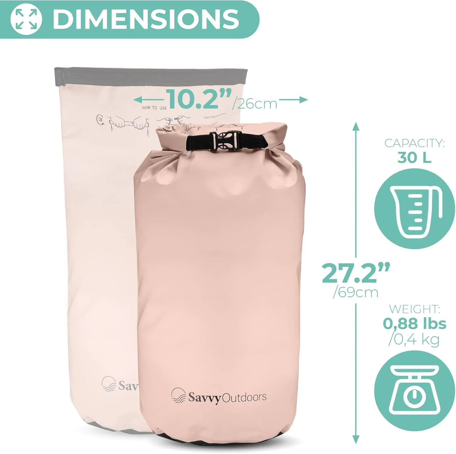 Savvy Outdoors Waterproof Dry Bag - Dry Bags for Food & Gear, Stuff Sacks for Backpacking and Camping Equipment, Waterproof Bag for Beach, Boating, Kayaking, Available in 5L, 10L, 20L, or 30L, Blush
