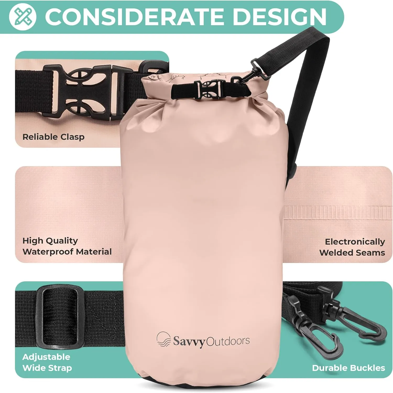 Savvy Outdoors Waterproof Dry Bag - Dry Bags for Food & Gear, Stuff Sacks for Backpacking and Camping Equipment, Waterproof Bag for Beach, Boating, Kayaking, Available in 5L, 10L, 20L, or 30L, Blush