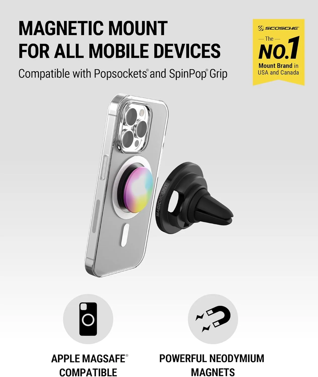 Scosche SMS2DV MagicMount MagSafe Mount for Car Vent/Dashboard Cell Phone Holder for Collapsible Pop Grip/Socket, 360 Rotation Magnetic Phone Stand Compatible with iPhone 16 15 14 13 12 and Android