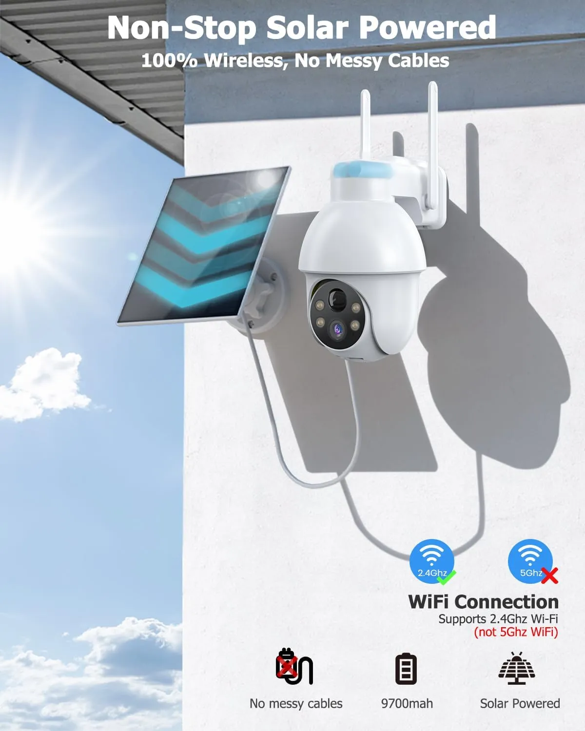 Security Camera Wireless Outdoor, 2K Solar Security Camera,Battery Powered 360°PTZ Outdoor Camera,Color Night Vision,2-Way Audio,PIR Motion Detection,Compatible with Alexa