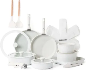 SENSARTE 24 Piece Pots and Pans Set, Nonstick Detachable Handle Cookware, Induction Kitchen Cookware Set with Removable Handle, Healthy Non Stick for RV, Dishwasher ＆ Oven Safe, PFOA Free (White)