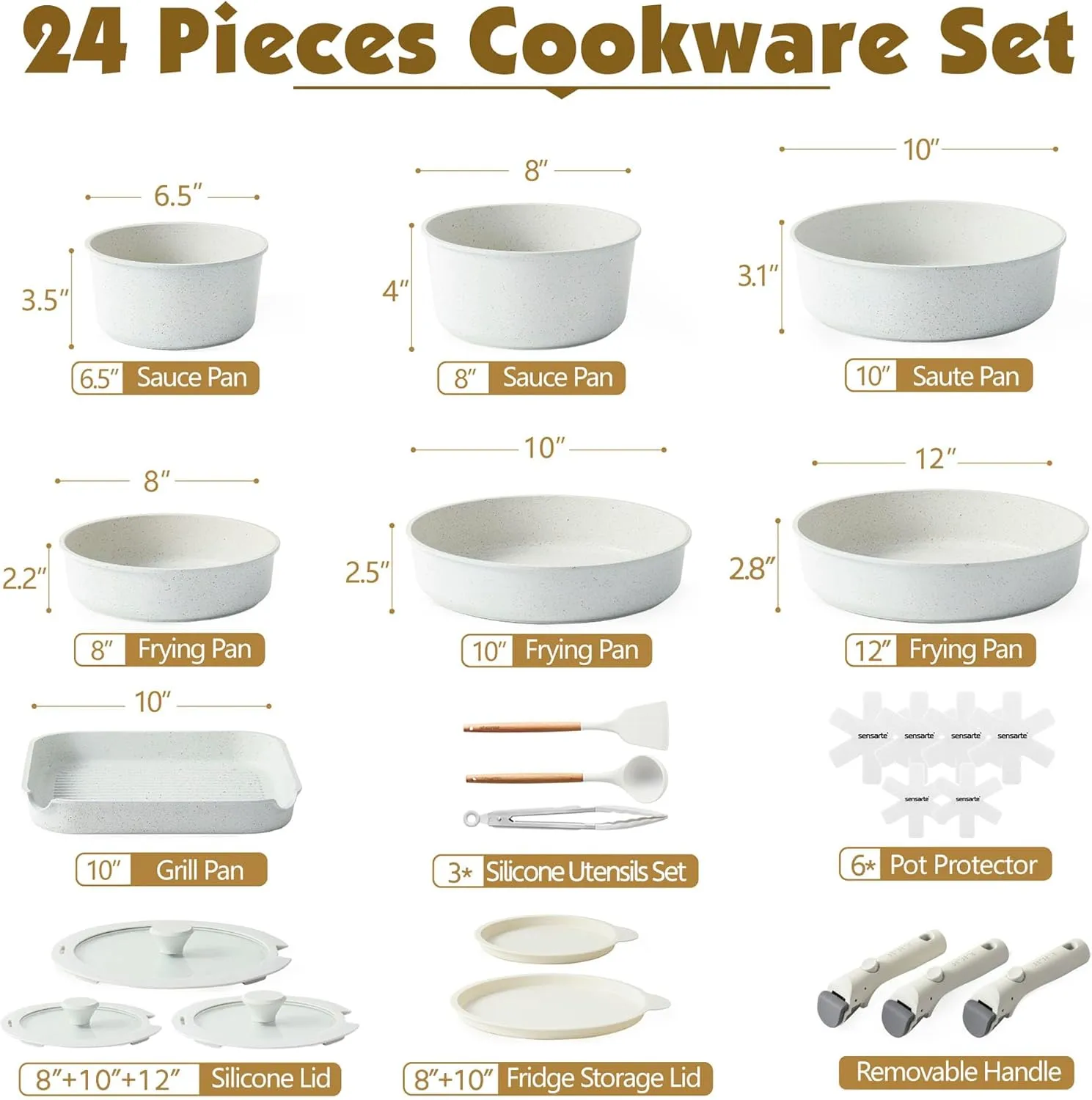 SENSARTE 24 Piece Pots and Pans Set, Nonstick Detachable Handle Cookware, Induction Kitchen Cookware Set with Removable Handle, Healthy Non Stick for RV, Dishwasher ＆ Oven Safe, PFOA Free (White)