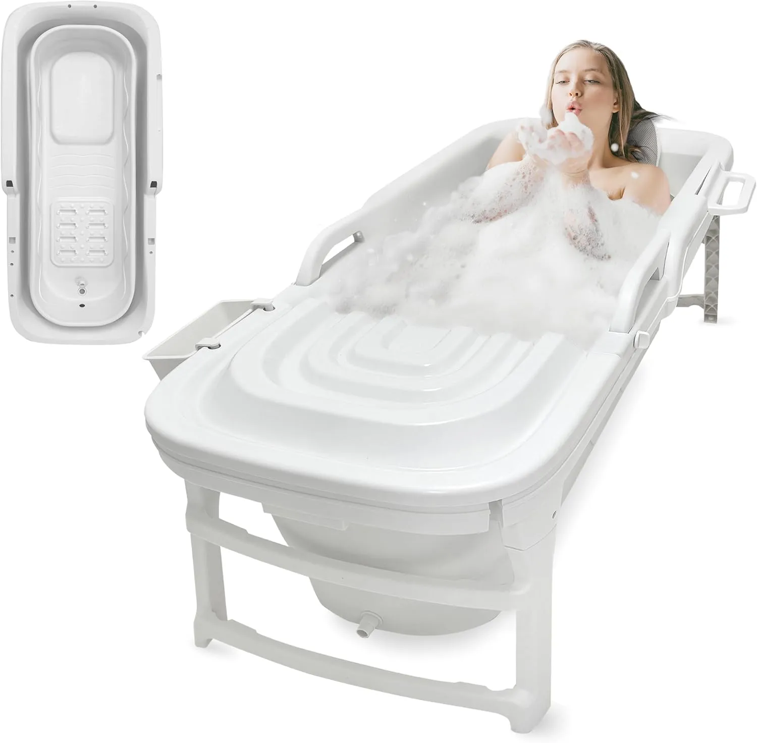 SereneLife Freestanding Portable Bathtub Spa Set – Large 59" Foldable Bath, Cushion, Stretchable Drain Pipe, Massager Rollers, Cleaning Spray & Storage Bag