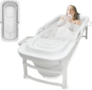 SereneLife Freestanding Portable Bathtub Spa Set – Large 59" Foldable Bath, Cushion, Stretchable Drain Pipe, Massager Rollers, Cleaning Spray & Storage Bag