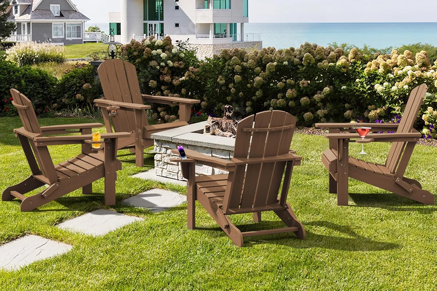 SERWALL Adirondack Chair with Cup Holders - Composite Adirondack Chairs HDPE Outdoor Chairs All Weather Use- Brown