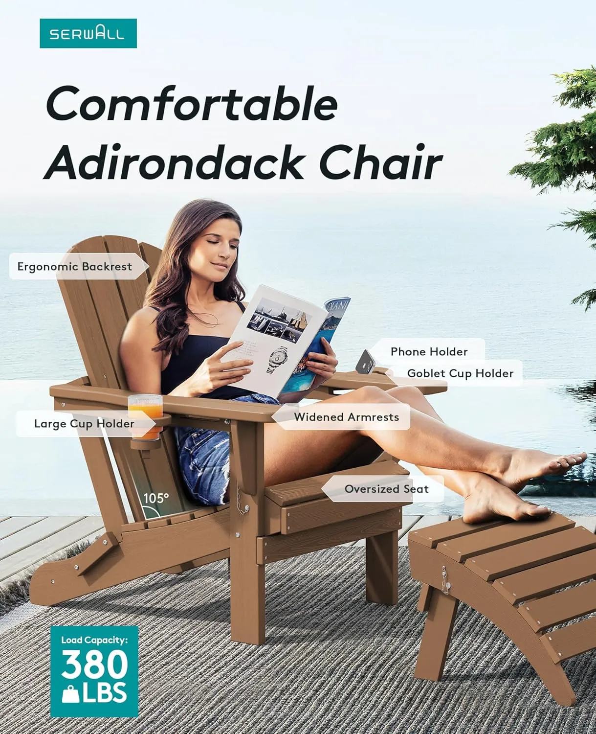 SERWALL Adirondack Chair with Cup Holders - Composite Adirondack Chairs HDPE Outdoor Chairs All Weather Use- Brown