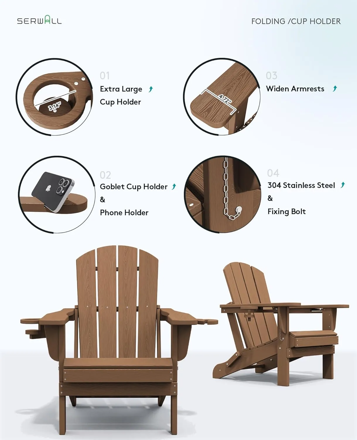 SERWALL Adirondack Chair with Cup Holders - Composite Adirondack Chairs HDPE Outdoor Chairs All Weather Use- Brown