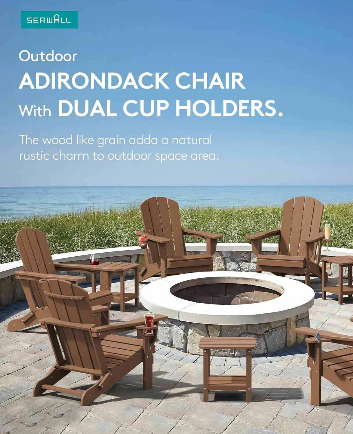 SERWALL Adirondack Chair with Cup Holders - Composite Adirondack Chairs HDPE Outdoor Chairs All Weather Use- Brown