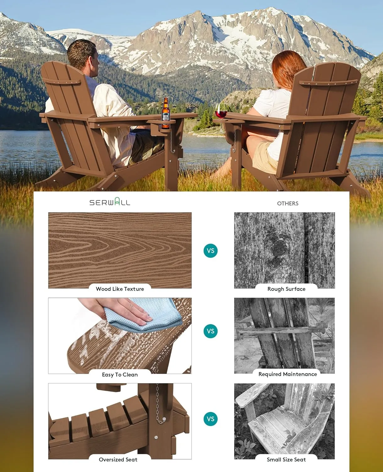 SERWALL Adirondack Chair with Cup Holders - Composite Adirondack Chairs HDPE Outdoor Chairs All Weather Use- Brown