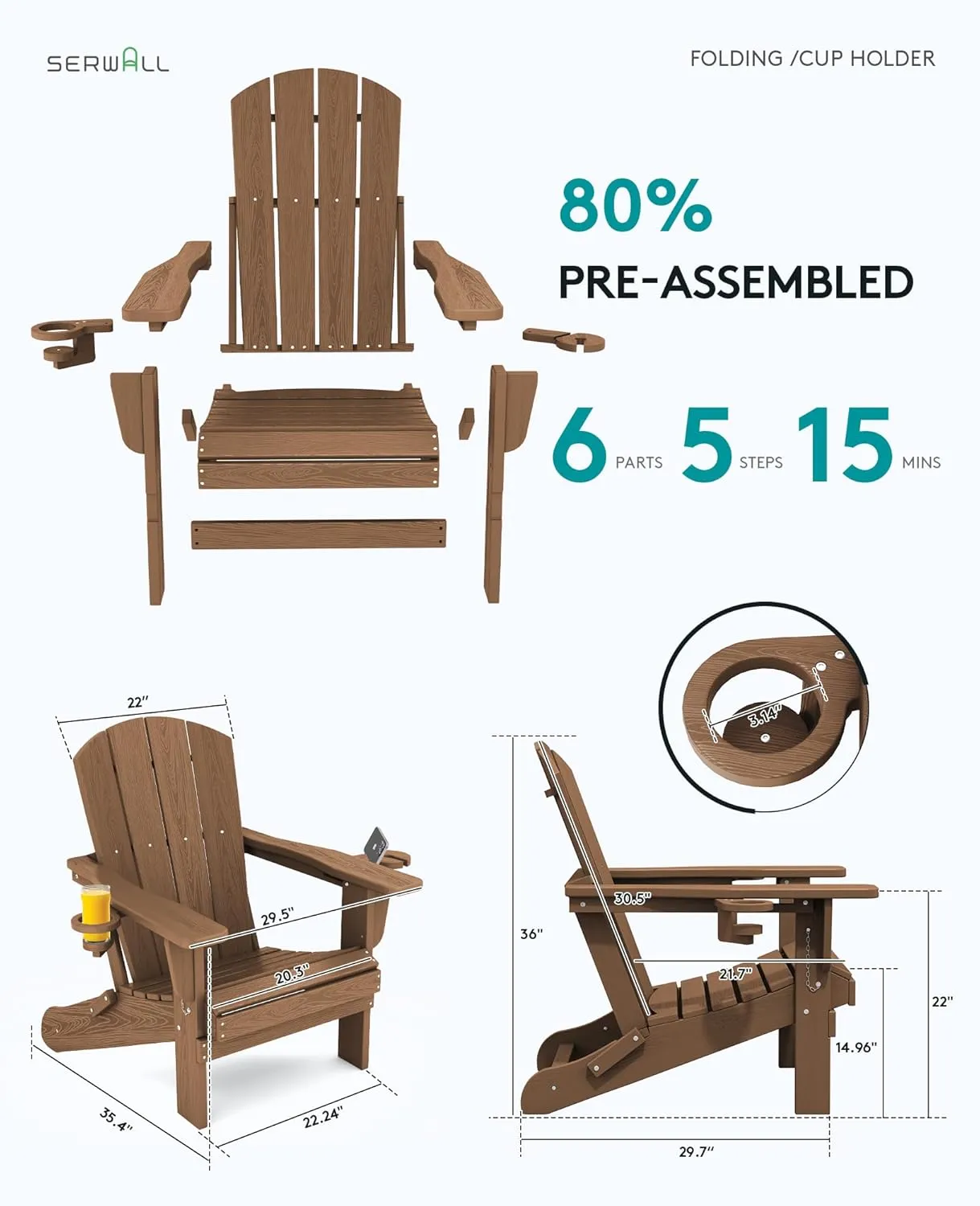 SERWALL Adirondack Chair with Cup Holders - Composite Adirondack Chairs HDPE Outdoor Chairs All Weather Use- Brown