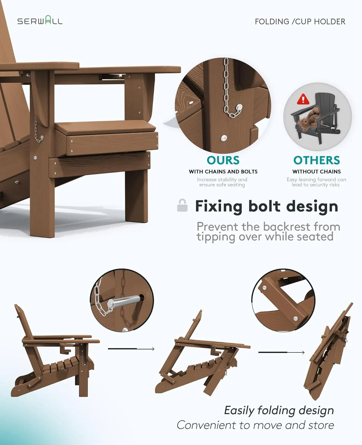 SERWALL Adirondack Chair with Cup Holders - Composite Adirondack Chairs HDPE Outdoor Chairs All Weather Use- Brown