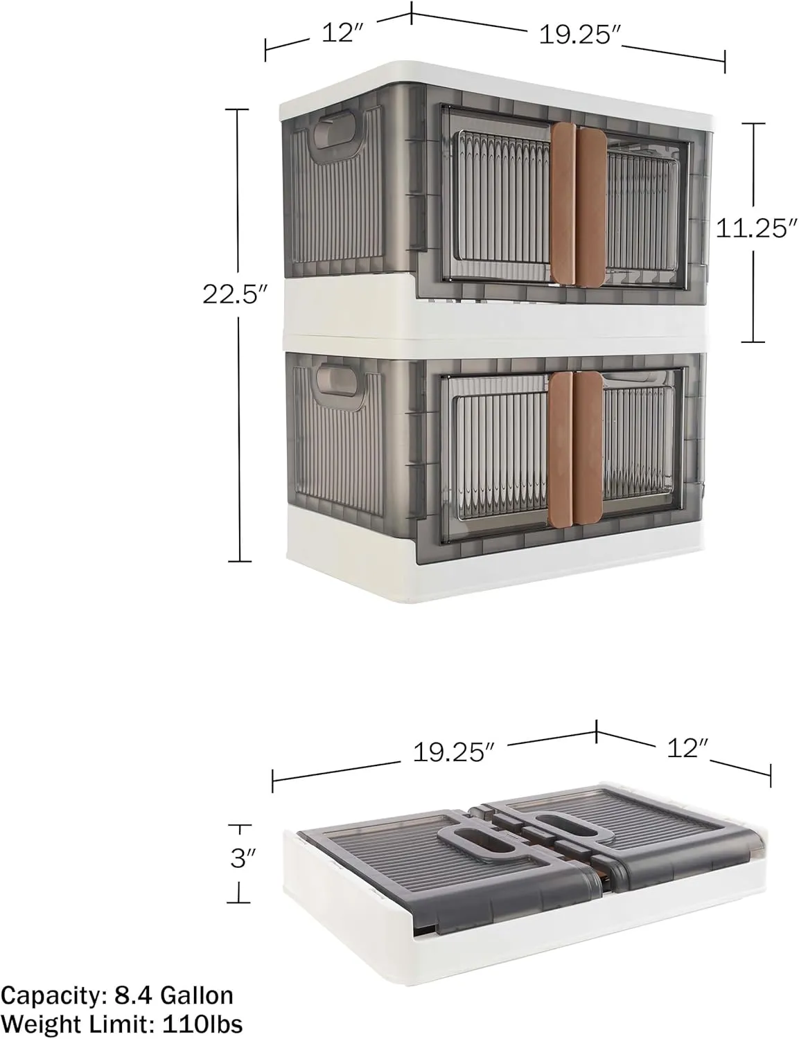 Set of 2 Collapsible Storage Bins - 8.4 Gal Capacity Organizers with Lids, Double Doors, and Wheels - Stackable Storage Containers by Home-Complete